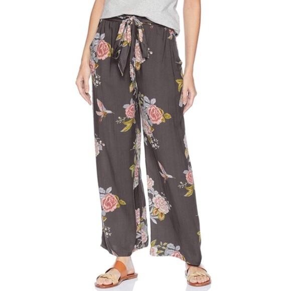 Angie Charcoal Gray Floral Tie Waist Pants Womens Small High Waisted Wide Legs - Picture 1 of 11